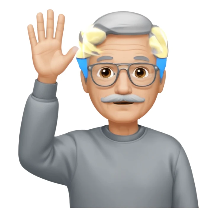 60 yr man partial gray hair parted in center, mustache, light glasses, sweatshirt waving hello sticker