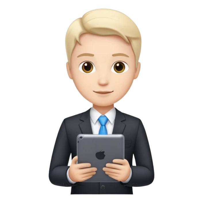 business executive confidently, holding a digital tablet or folder, wears smart business attire sticker