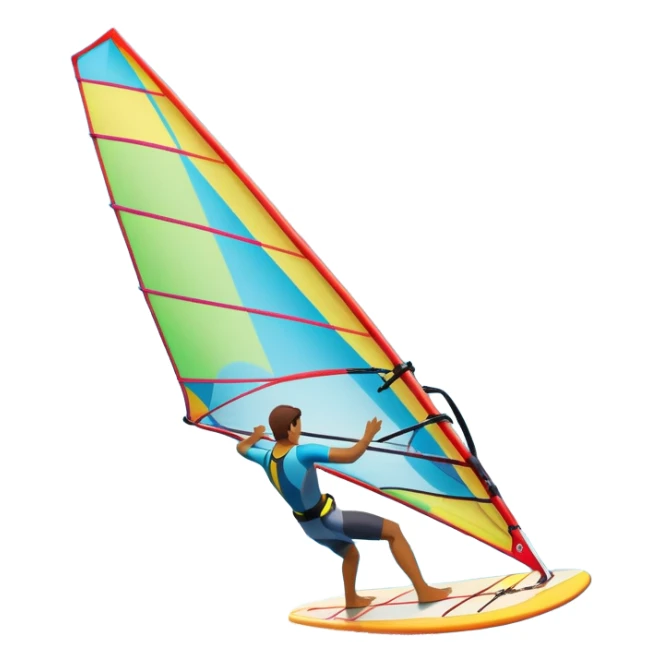 A windsurfer gliding across the ocean, with a vibrant sail catching the wind. The scene captures the motion of the board riding the ocean waves, surrounded by the bright blue sky and ocean, symbolizing the excitement and skill required in the sport of windsurfing. sticker