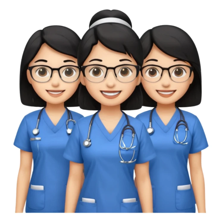 Genera emogis de 4 cuatro enfermeras de cabello negro largo, una de ellas con lentes sticker