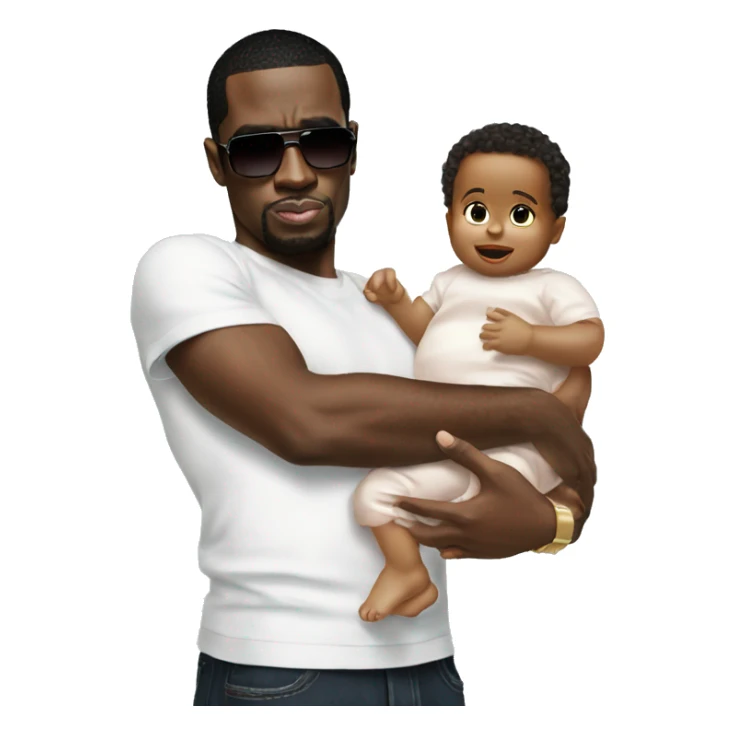 P. Diddy holding baby oil and a baby sticker