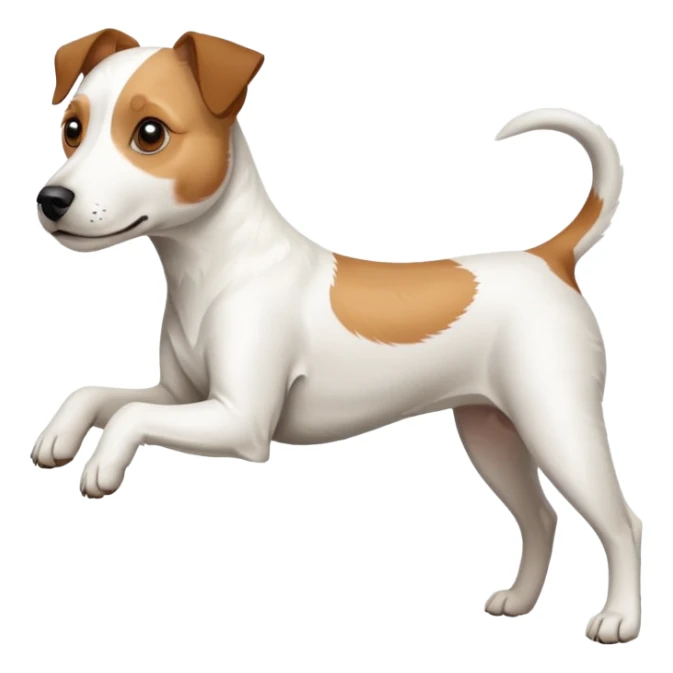 a full body white parson russell looking dog the size of a kelpie with light brown ears and a light brown patch on one eye and a large snout sticker