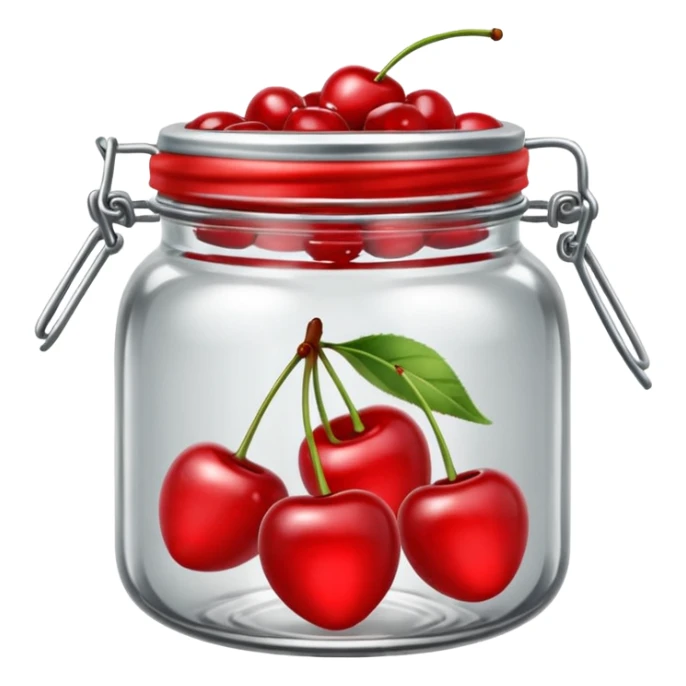 Realistic glass jar with silver metallic lid filled with maraschino cherries inside of it. sticker