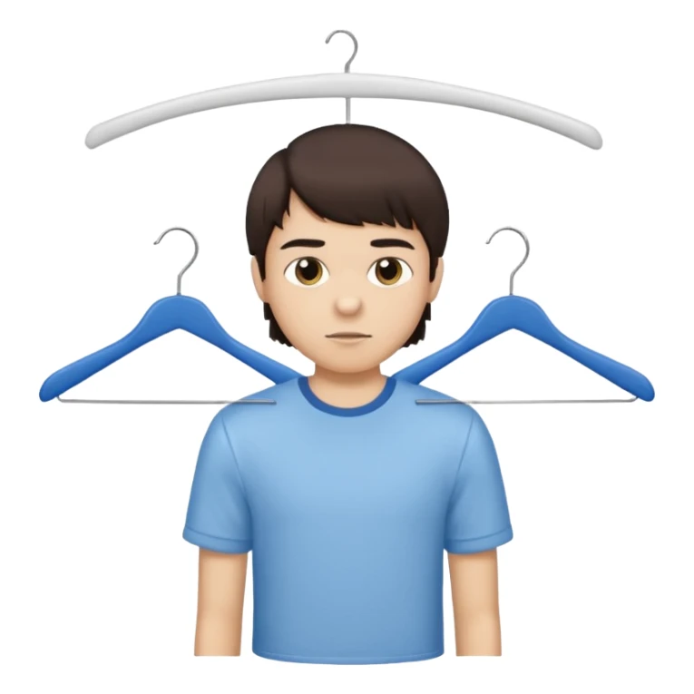 boy dark brown hair with bangs with straight eyebrows with  clothing hanger and the shirt that is hanged is white sticker