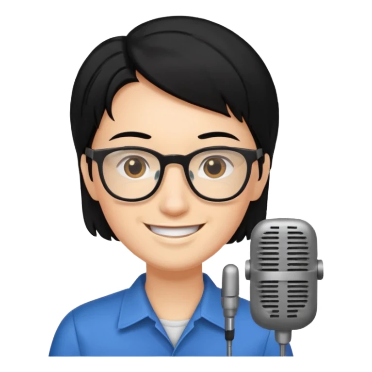 Un locutor de radio, pelo negro, con gafas, sticker