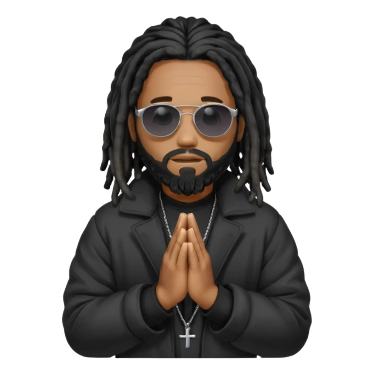 African American man with shoulder length black dreadlocks with black beard wearing black sunglasses wearing a black bubble winter coat praying sticker