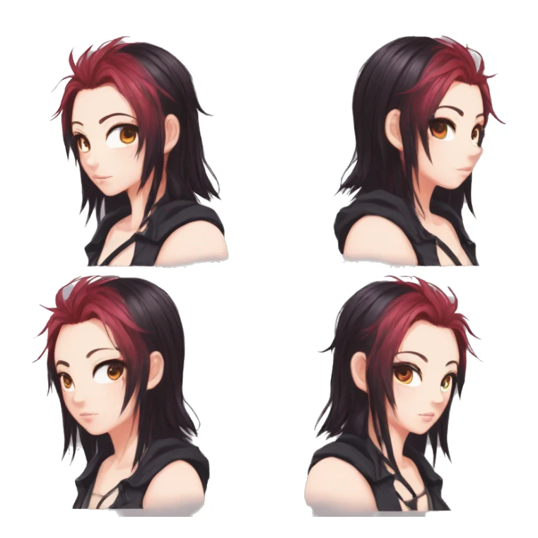 Gorgeous anime style tomboy-lady with blushing face aesthetic and pretty edgy black red punk hair with hair garment trending style sticker