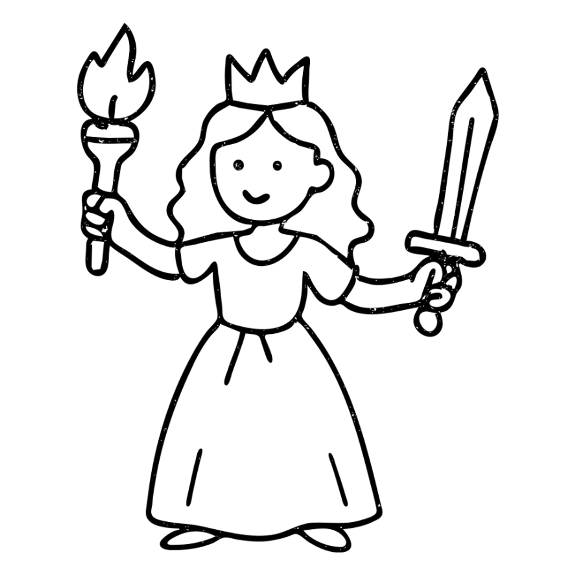 princess wielding a torch and sword, hand drawn outlined icon sticker
