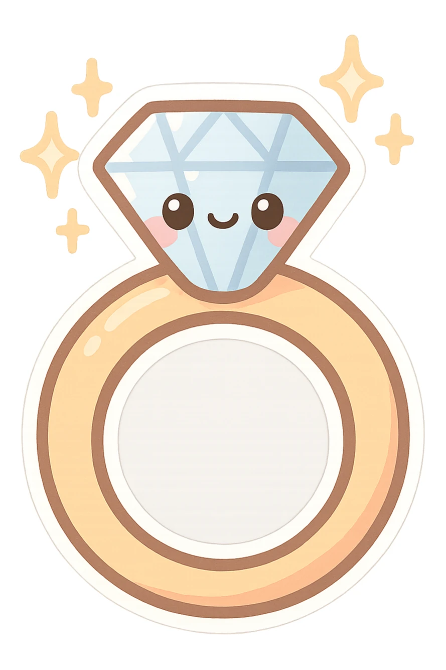 chibi sticker-style diamond ring with sparkles, girly, cute and exaggerated sticker
