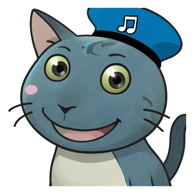 blue cat-like creature with a tail shaped like a music note and a mischievous grin sticker