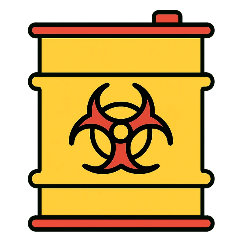 Add a bright radioactive green glow around the toxic barrel. Keep the background transparent. sticker