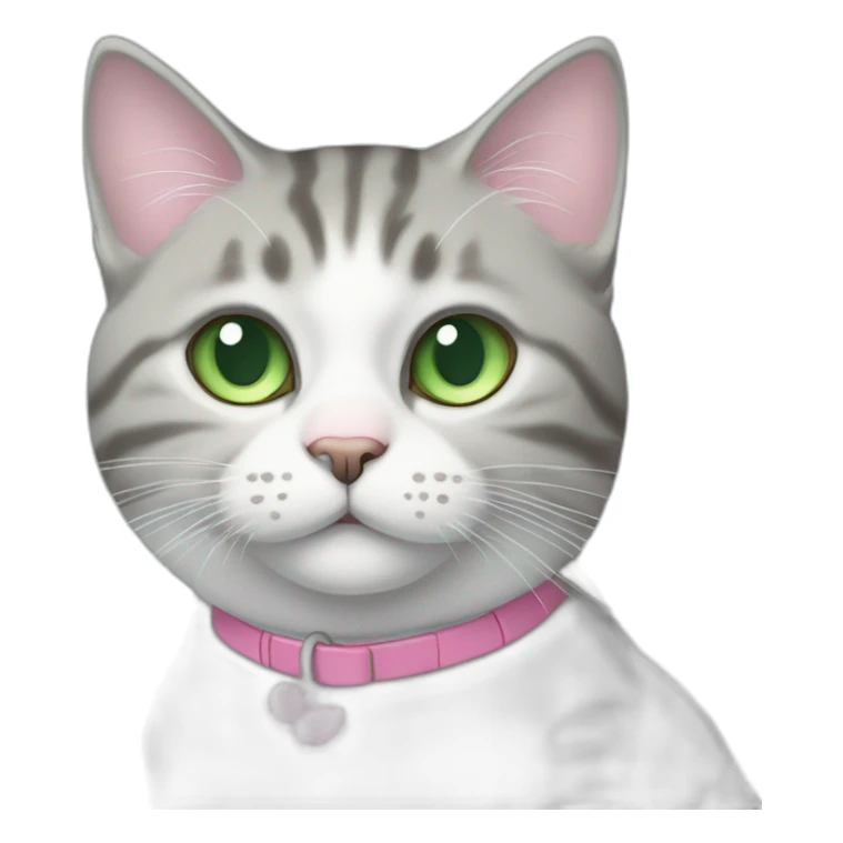 White and grey tabby cat with green eyes and pink nose, sitting on blue cpuch sticker