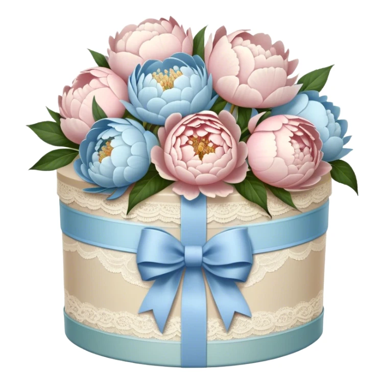 A vintage hatbox, wrapped in an ivory lace bow, holds a carefully arranged selection of blush-white and pale blue peonies, their petals unfurling like whispered secrets. A wide, pearl-adorned ribbon encircles the arrangement, its elegant bow tied with effortless grace. The edges of the ribbon flutter gently as a soft breeze drifts through the open window, carrying the delicate fragrance of fresh blooms into the air.

 sticker