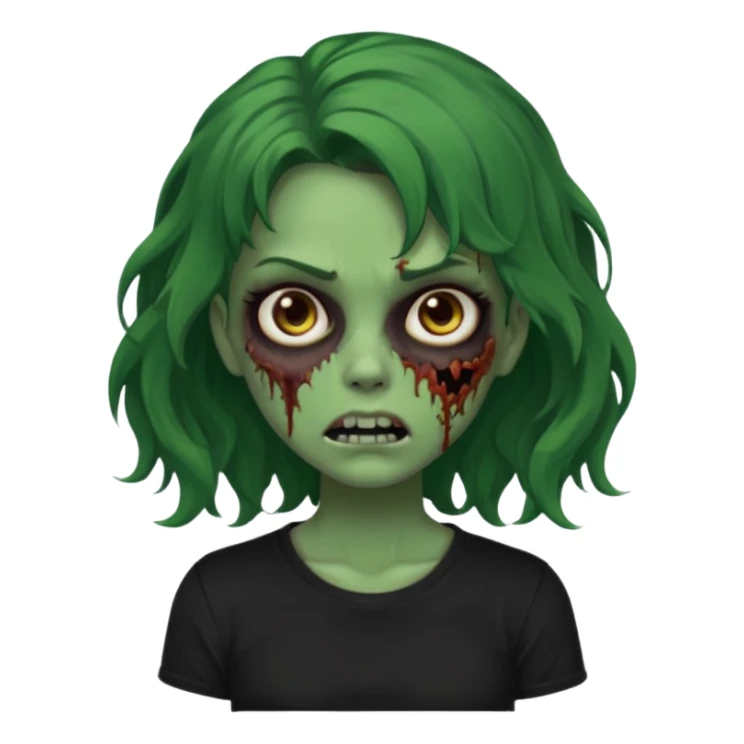 crie um emoji de uma garota zoombie pele verde e cabelo castanho, assustadora e fofa com cabelo ondulado 2b e camiseta básica preta sticker