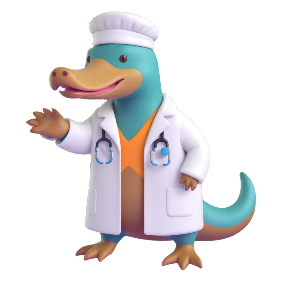 platypus wearing a white lab coat, simple, clear sticker