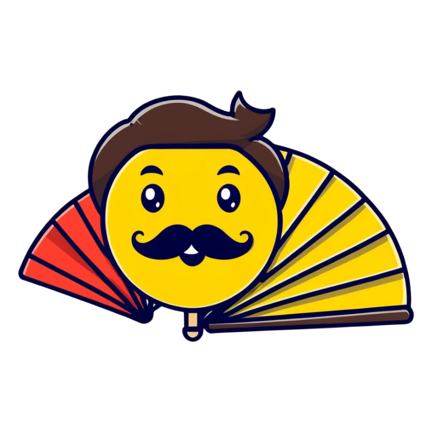 Colorful paper fan with smiling face and curly mustache sticker