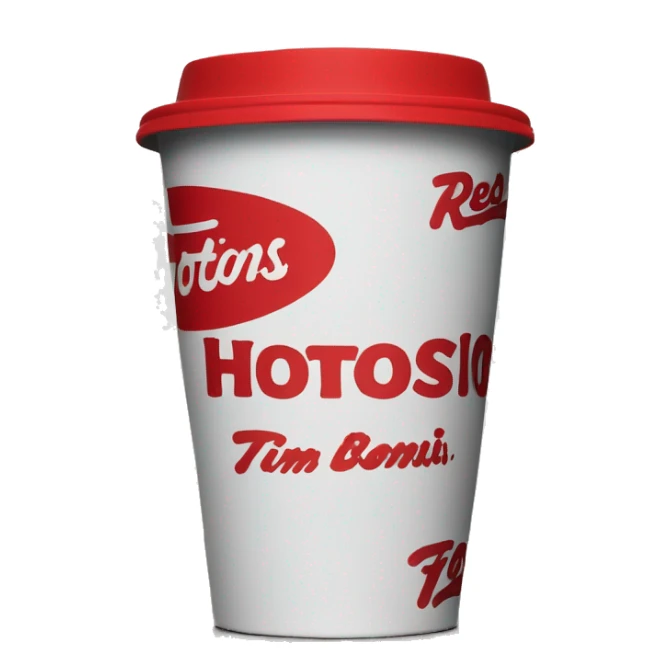 “Red Tim Hortons coffee cup with large white ‘Tim Hortons’ logo in script, black plastic lid, and a simple, clean design.” sticker