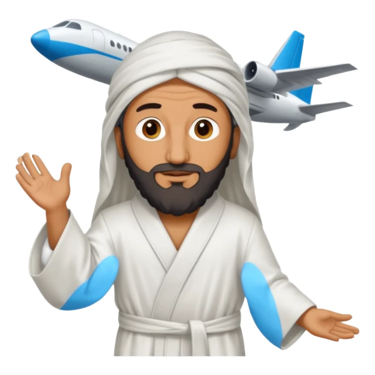 Osama bin Ladin standing on top of a plane with legs and a white robe sticker
