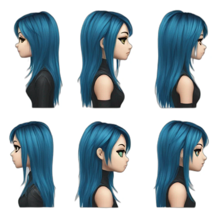Side profile realistic emo girl, black makeup, long choppy blue hair side bangs sticker