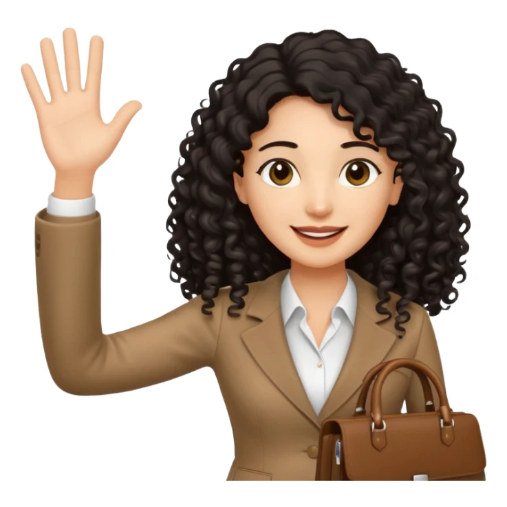 medium deep tan brown business woman with long black curly hair, waving hand with happy face and holding a close laptop and carrying a bag on her dhoulder sticker