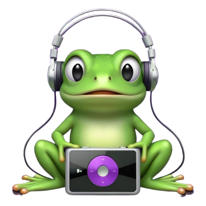 A cute green cartoon frog sitting with a neutral expression, wearing large black over-ear headphones. The frog is connected by a wire to a small, classic-style iPod with a purple screen, placed in front of it. The background is a dense black-and-white noise pattern resembling TV static. sticker