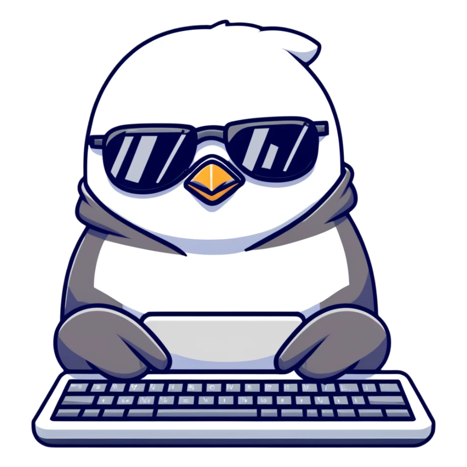 A cool penguin wearing a hoodie with sunglasses perched on head, typing with one flipper on a sleek keyboard sticker