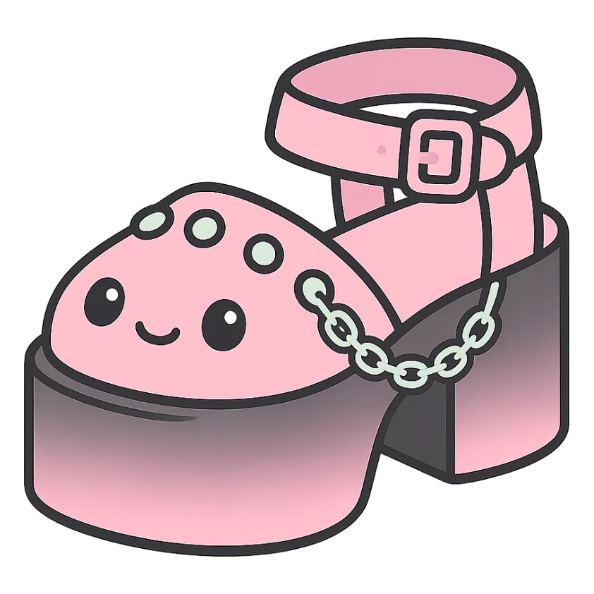 Add a gradient effect from black to pastel pink on the platform sandals with silver studs and chains, kawaii style, no socks, no hearts, transparent background sticker