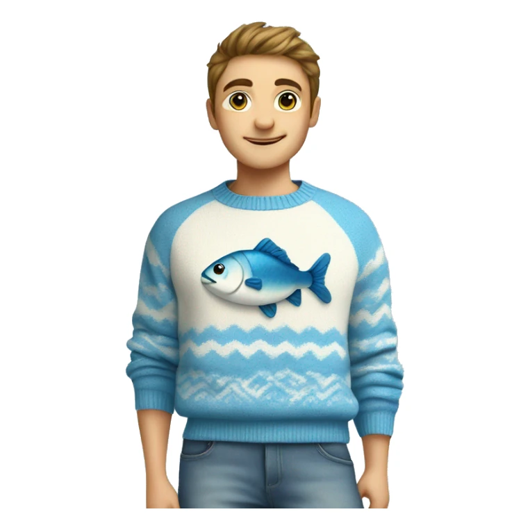 Cute sweater that has a fish and sun on it and it is blue and white sticker