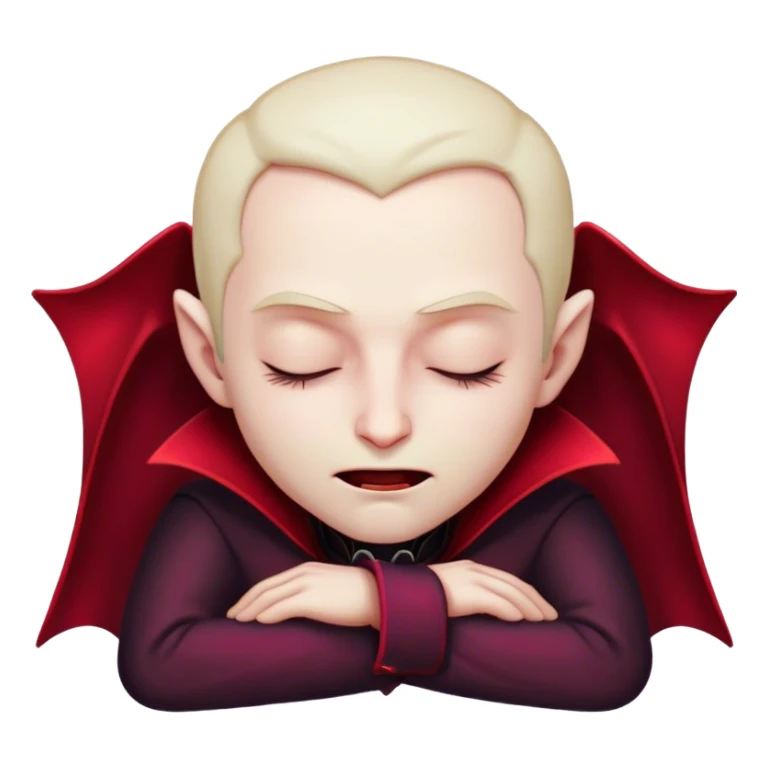 Meme-Worthy Cute Sleeping Vampire Portrait Emoji, with a refined, small, pale face softened by closed, serene eyes and a slight, peaceful smile, adorned in miniature elegant dark attire with a hint of fading crimson, simplified yet irresistibly adorable, highly detailed with a soft ethereal outline that captures the drowsy charm of a vampire in quiet nighttime slumber! sticker