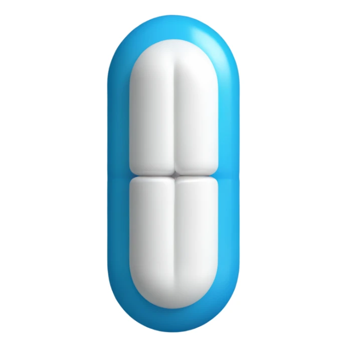 A one capsule-shaped pill, positioned at an angle.: one half is blue, and the other half is white. sticker