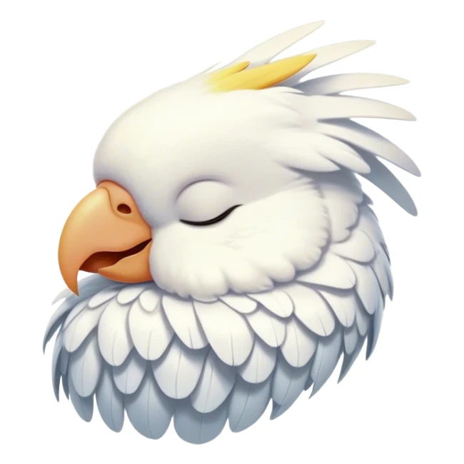 Meme-Worthy Cute Sleeping Cockatoo Portrait Emoji, Head resting peacefully with a contented smile, showcasing a softly feathered body with a gently drooping crest and eyes closed in serene slumber, Simplified yet adorably endearing features, highly detailed, glowing with a soft, drowsy tropical light, high shine, relaxed and utterly lovable, stylized with an air of playful laziness, soft glowing outline, capturing the essence of a sleeping cockatoo that feels destined to become the next viral icon of adorable rest! sticker
