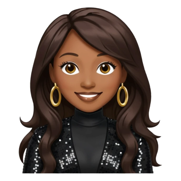Coko from SWV with long dark brown hair, black sequin outfit sticker