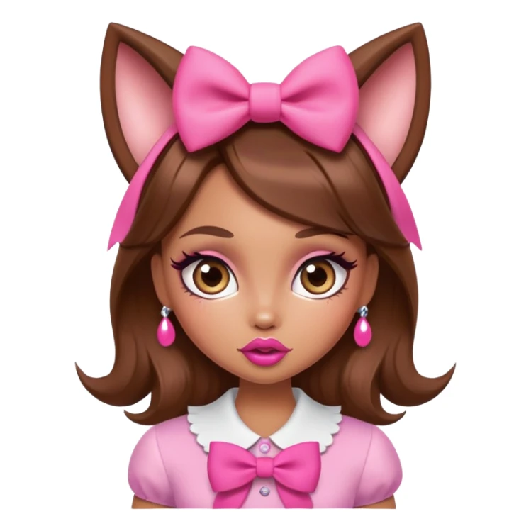Bratz-inspired character with brown hair, pink bow, exaggerated big lips, and foxy eyes sticker