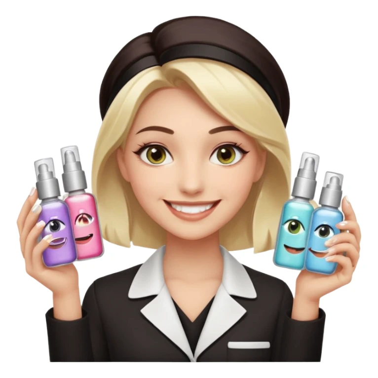A smiling beautician with cold fake smile, calculating eyes, pointing at your cheek while holding 5 expensive serum bottle. predatory vibe.A face with a fake sweet smile, but the face is slowly consumed by shadows creeping from below. calculating eyes are visible in the dark sticker