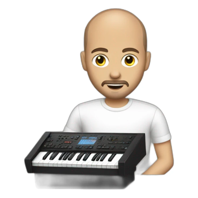 A white man with  buzz cut ,beard and mustache playing a ROLAND KEYBOARD sticker