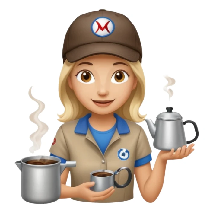 A cheerful female camper brewing coffee in a small metal pot sitting sticker