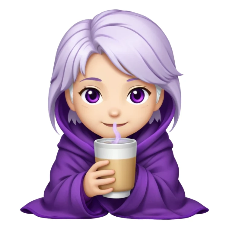 Chibi Sable Ward wrapped in a blanket, holding a warm drink, cozy expression, white hair with purple streaks, fully purple eyes, content smile sticker