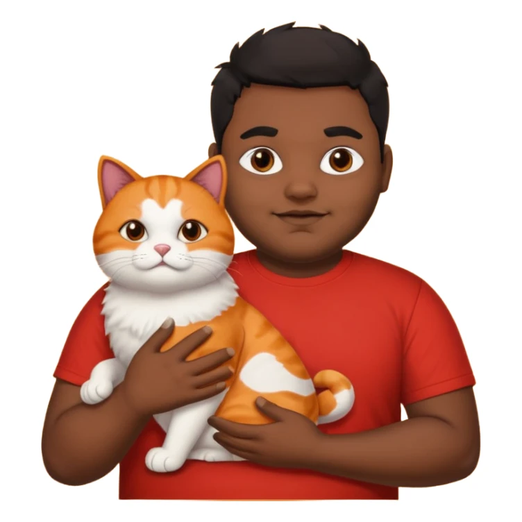 Indian black chubby guy with black middle parted hair in red t-shit with orange cat sticker