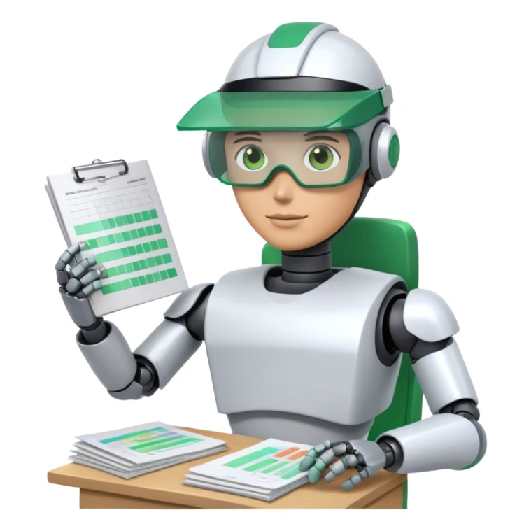 human like robot bookkeeper wearing  accountant Green eyeshade visor  and holding spreadsheets sticker