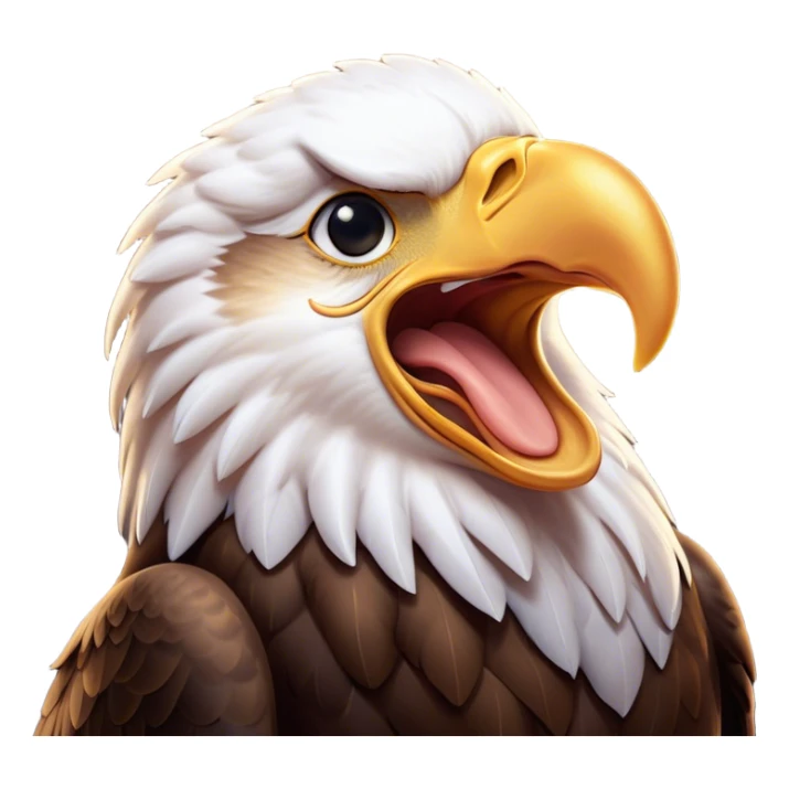 Cinematic Cute Yawning American Eagle Portrait Emoji, Head tilted slightly with a dramatic, wide-open yawn, showcasing a stately form with gently drooping feathers and sleepy, half-closed eyes, Simplified yet irresistibly adorable features, highly detailed, glowing with a soft, cozy majestic glow, high shine, relaxed yet expressive, stylized with a dash of whimsical aerial charm, soft glowing outline, capturing the essence of a drowsy yet affectionate American eagle that appears ready to stretch out for a nap! sticker