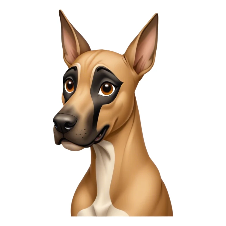 Cinematic Comical Fawn Great Dane Portrait Emoji, Head tilted dramatically with an exaggeratedly amused expression, featuring a sleek fawn coat with a subtle dark mask, wide, expressive amber eyes filled with playful disbelief, Simplified yet hilariously expressive features, highly detailed, glowing with a slightly sassy glow, high shine, dramatic yet playful, stylized with an air of cheeky mischief, bright and endearing, soft glowing outline, capturing the essence of a spirited and over-the-top guardian, so meme-worthy it feels like it could side-eye its way into internet fame instantly! sticker