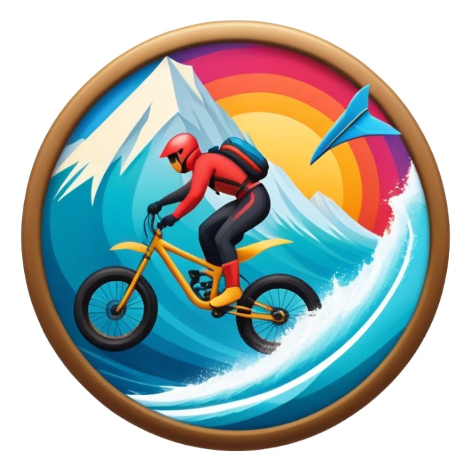 A bold, dynamic emblem combining elements of extreme sports like a mountain, a bike, surfing, ocean and a parachute, all within a circular or shield-like shape. The design conveys speed, adventure, with sharp lines and vibrant colors representing the thrill and intensity of extreme sports. sticker
