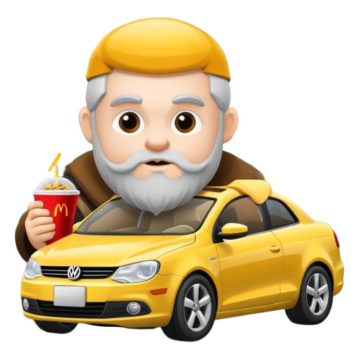 A dwarf eating McDonald's in front of a Volkswagen Eos. sticker