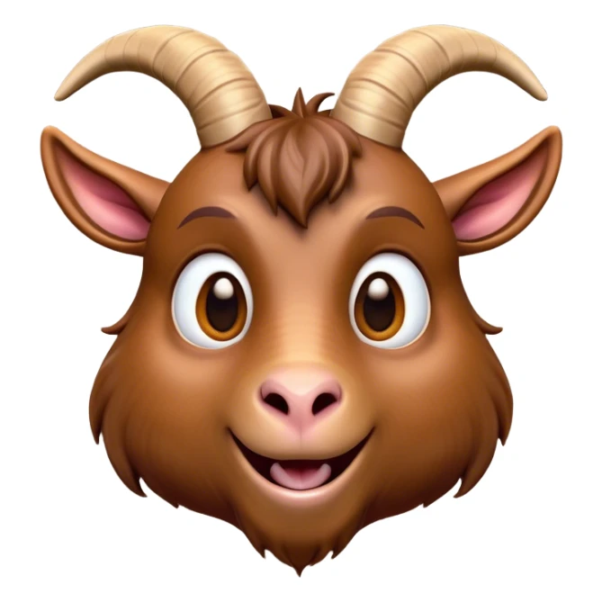 Cinematic Comical Brown Goat Portrait Emoji, Head tilted dramatically with an exaggeratedly amused expression, featuring a sleek brown fur with distinct, quirky curved horns, wide, expressive eyes filled with playful disbelief, Simplified yet hilariously expressive features, highly detailed, glowing with a slightly sassy glow, high shine, dramatic yet playful, stylized with an air of cheeky mischief, bright and endearing, soft glowing outline, capturing the essence of a spirited and over-the-top goat, so meme-worthy it feels like it could side-eye its way into internet fame instantly! sticker