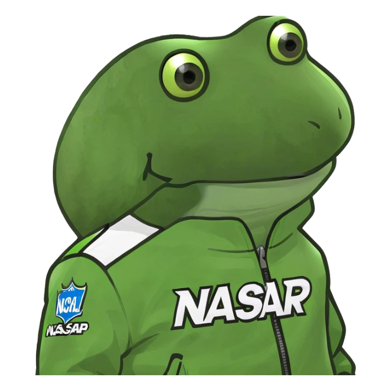 wearing a neon green nascar jacket that says "pump" sticker