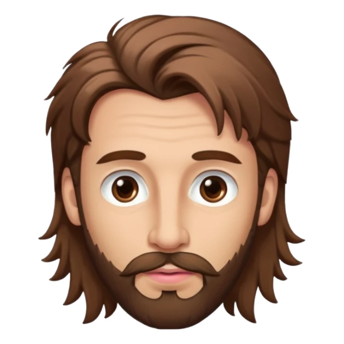 Handsome white man with big brown eyes thin pink lips long nose and long brown messy hair brown small beard sticker