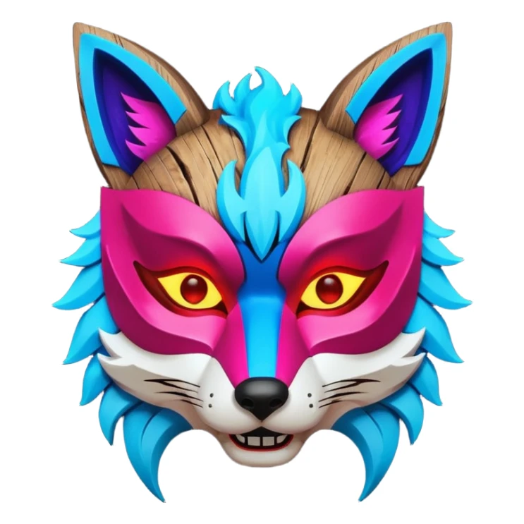 Ancient wooden mask, broken in half, luminous and neon with red, blue, and pink fox-like glow. Fragments of the mask scattered around. sticker
