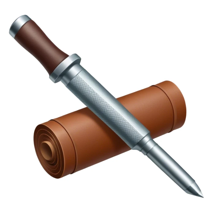 Leatherworking icon, partially unrolled raw leather roll, carving tools like engraver needle or chisel, stamp or press, textured surface, minimalistic style, clean lines, transparent background. sticker