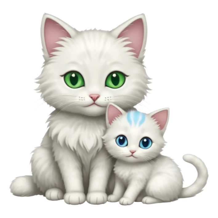 Black cat with green eyes cuddling next to small white kitten with blue eyes  sticker