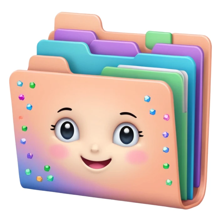 small cute folder icon in soft pastel colors light yellow or peach, slightly open at the top, colorful divider tabs inside peeking out blue green pink purple, white label area on front with word Titles in playful handwriting, small sparkles or stars around folder, emoji style, folder is more rounded sticker